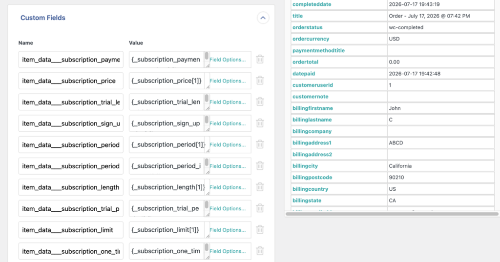 subscription fields added to custom fields panel