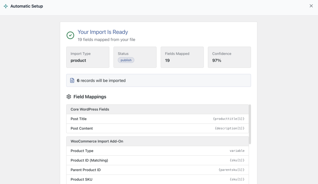 WP All Import summary screen product import
