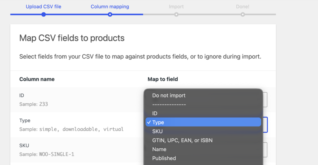 built in WooCommerce import column mapping