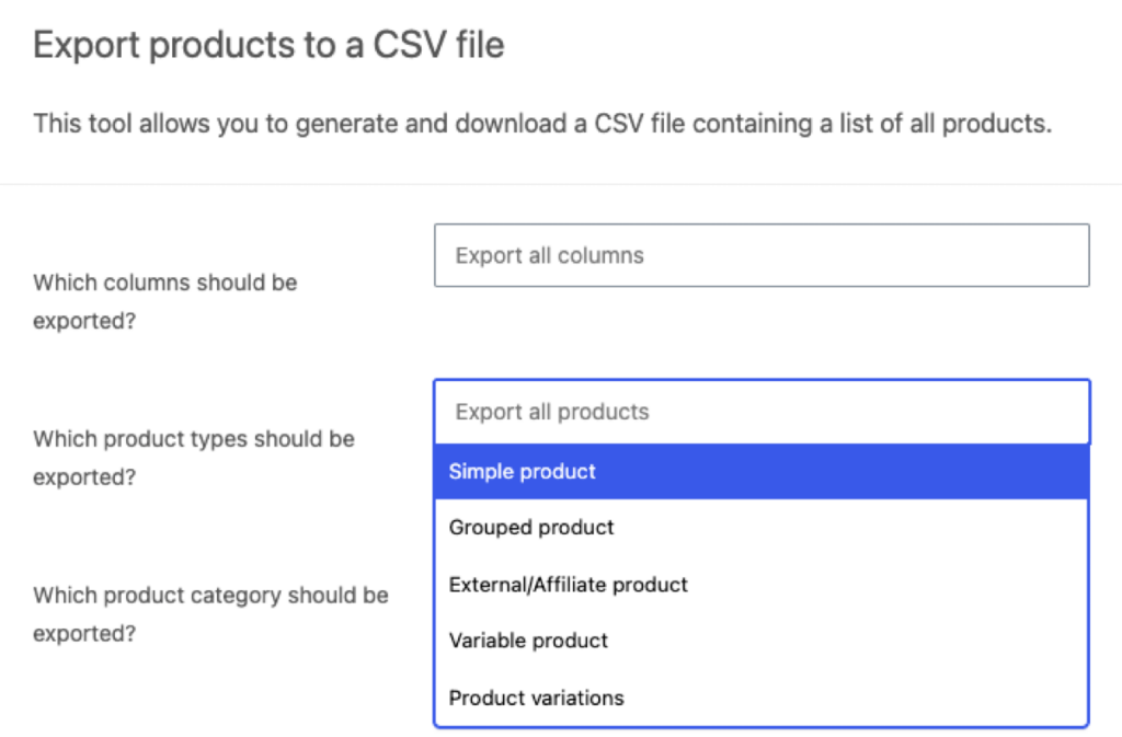 built in product export select product type