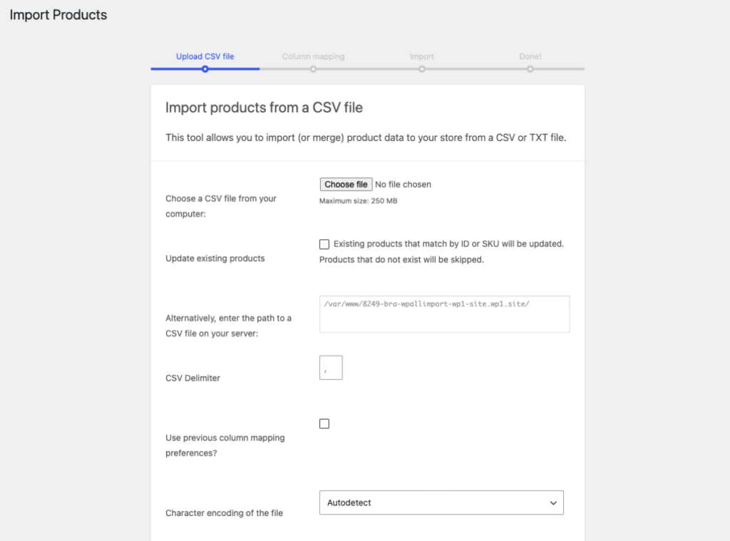 built in woocommerce import advanced options