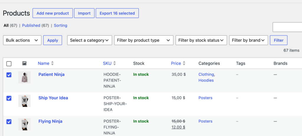 export selected products