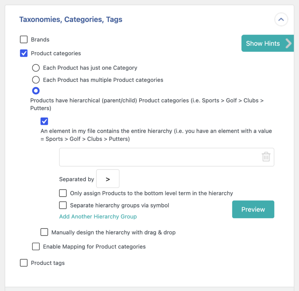 Taxonomies Categories Tags section in Wp All Import